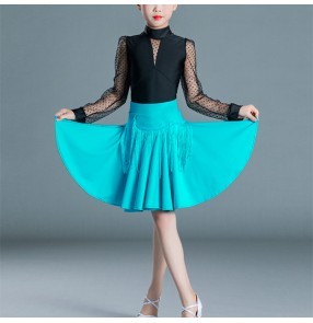 Black with turquoise fringed latin dance dresses for girls kids children ballroom latin performance dancing costumes for girl